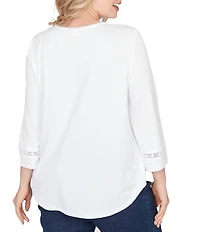 Ruby Rd. Plus Size Soft Textured Knit Crew Neck 3/4 Sleeve Lace Trim Top