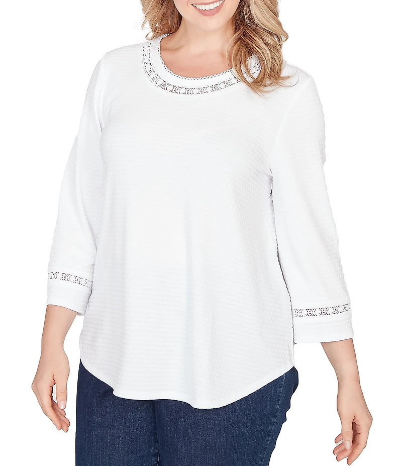 Ruby Rd. Plus Size Soft Textured Knit Crew Neck 3/4 Sleeve Lace Trim Top