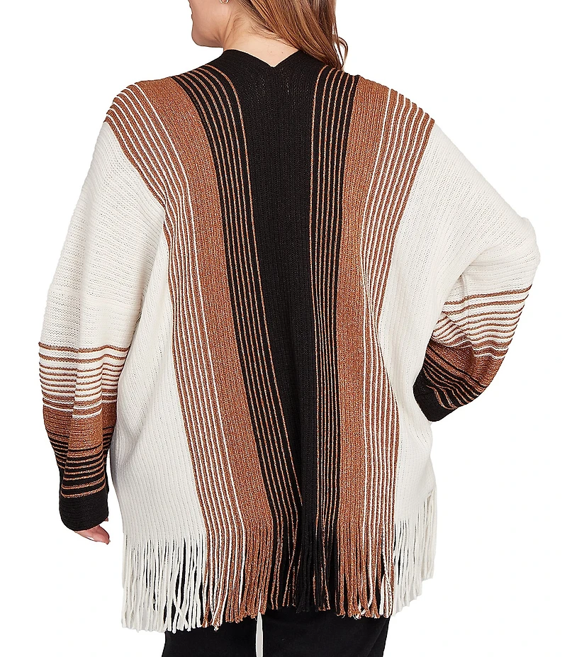Ruby Rd. Plus Size Soft Textured Striped 3/4 Sleeve Fringe Hem Open-Front Cardigan