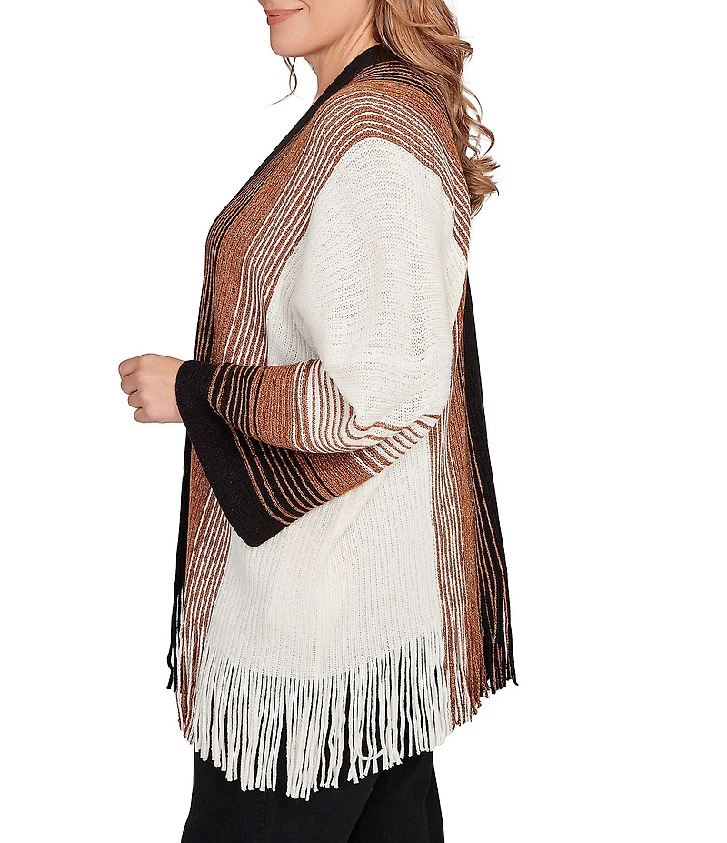 Ruby Rd. Plus Size Soft Textured Striped 3/4 Sleeve Fringe Hem Open-Front Cardigan