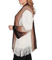 Ruby Rd. Plus Size Soft Textured Striped 3/4 Sleeve Fringe Hem Open-Front Cardigan