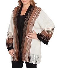 Ruby Rd. Plus Size Soft Textured Striped 3/4 Sleeve Fringe Hem Open-Front Cardigan