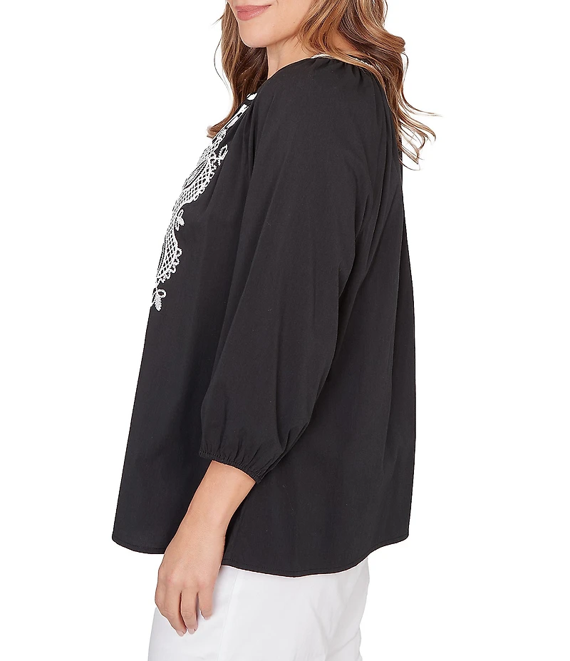 Ruby Rd. Plus Size Soft Woven Embroidered Split V-Neck 3/4 Sleeve Top