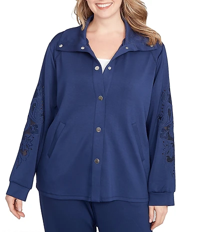 Ruby Rd. Plus Size Solid Scuba Open Floral Cut-Out Embroidered Long Sleeve Snap-Front Jacket
