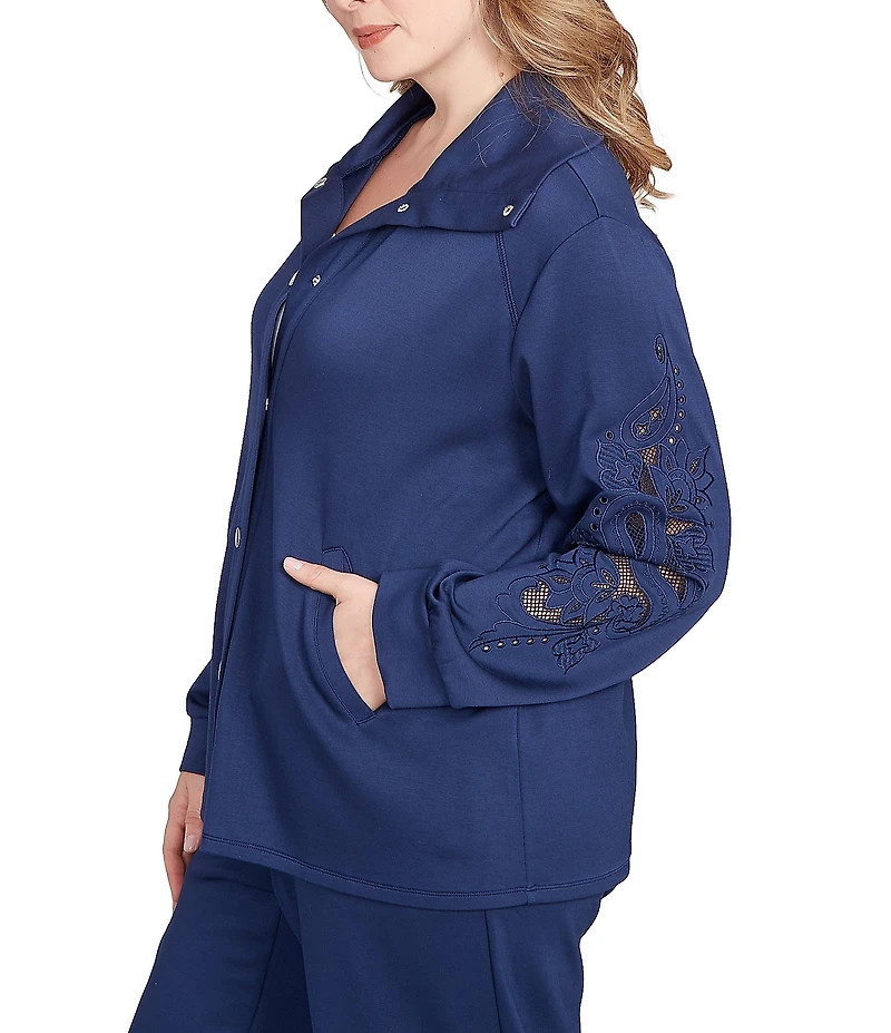 Ruby Rd. Plus Size Solid Scuba Open Floral Cut-Out Embroidered Long Sleeve Snap-Front Jacket