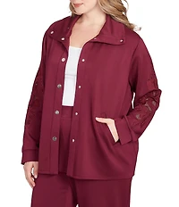 Ruby Rd. Plus Size Solid Scuba Open Floral Cut-Out Embroidered Long Sleeve Snap-Front Jacket