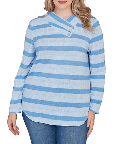 Ruby Rd. Plus Size Sparkling Metallic Stripe Knit Shawl Neck Long Sleeve Top