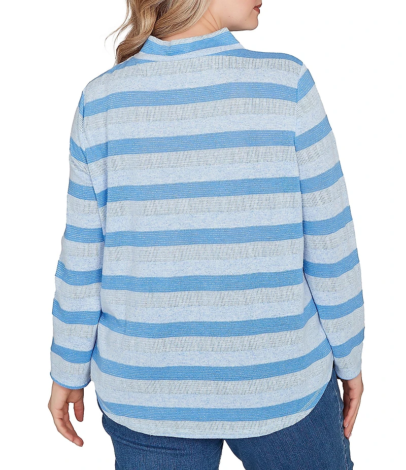 Ruby Rd. Plus Size Sparkling Metallic Stripe Knit Shawl Neck Long Sleeve Top