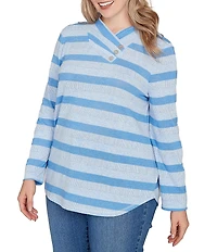 Ruby Rd. Plus Size Sparkling Metallic Stripe Knit Shawl Neck Long Sleeve Top
