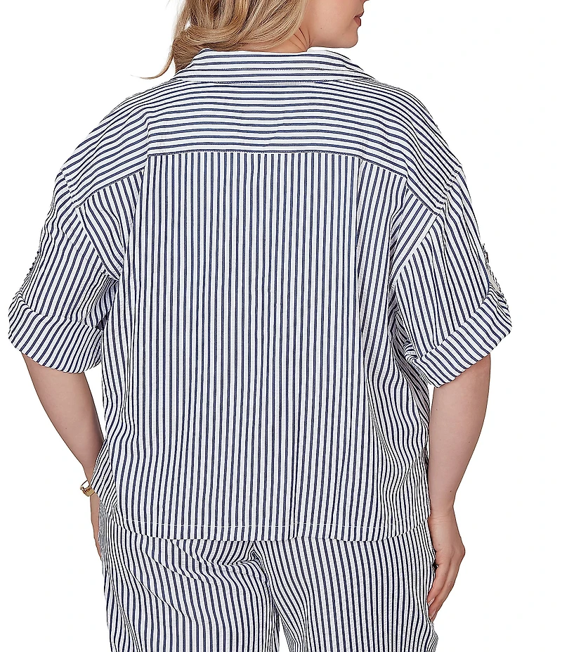 Ruby Rd. Plus Size Spliced Stripe Spread Collar 3/4 Roll-Tab Sleeve Button-Front Jacket