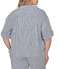 Ruby Rd. Plus Size Spliced Stripe Spread Collar 3/4 Roll-Tab Sleeve Button-Front Jacket
