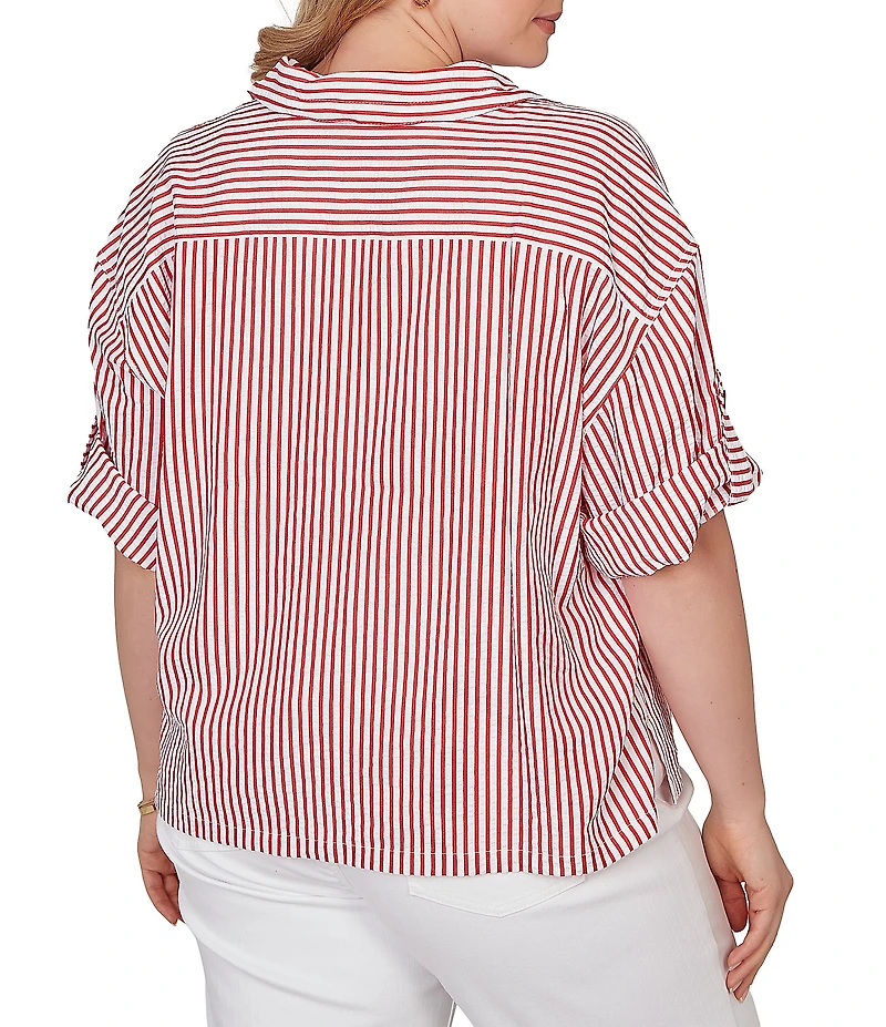 Ruby Rd. Plus Size Spliced Stripe Spread Collar 3/4 Roll-Tab Sleeve Button-Front Jacket