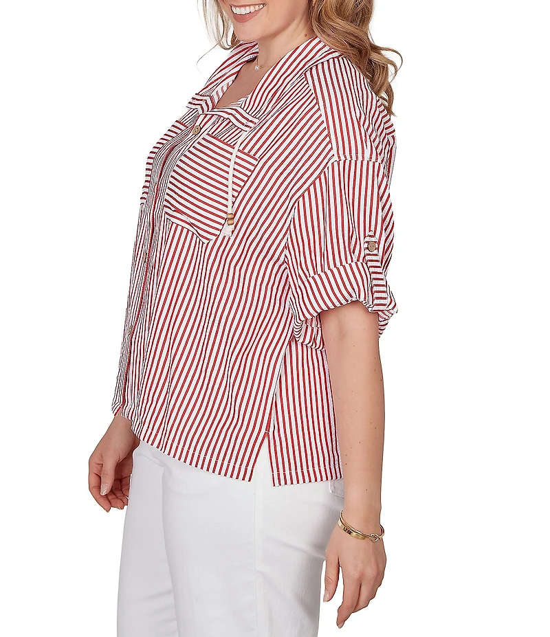 Ruby Rd. Plus Size Spliced Stripe Spread Collar 3/4 Roll-Tab Sleeve Button-Front Jacket