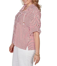 Ruby Rd. Plus Size Spliced Stripe Spread Collar 3/4 Roll-Tab Sleeve Button-Front Jacket