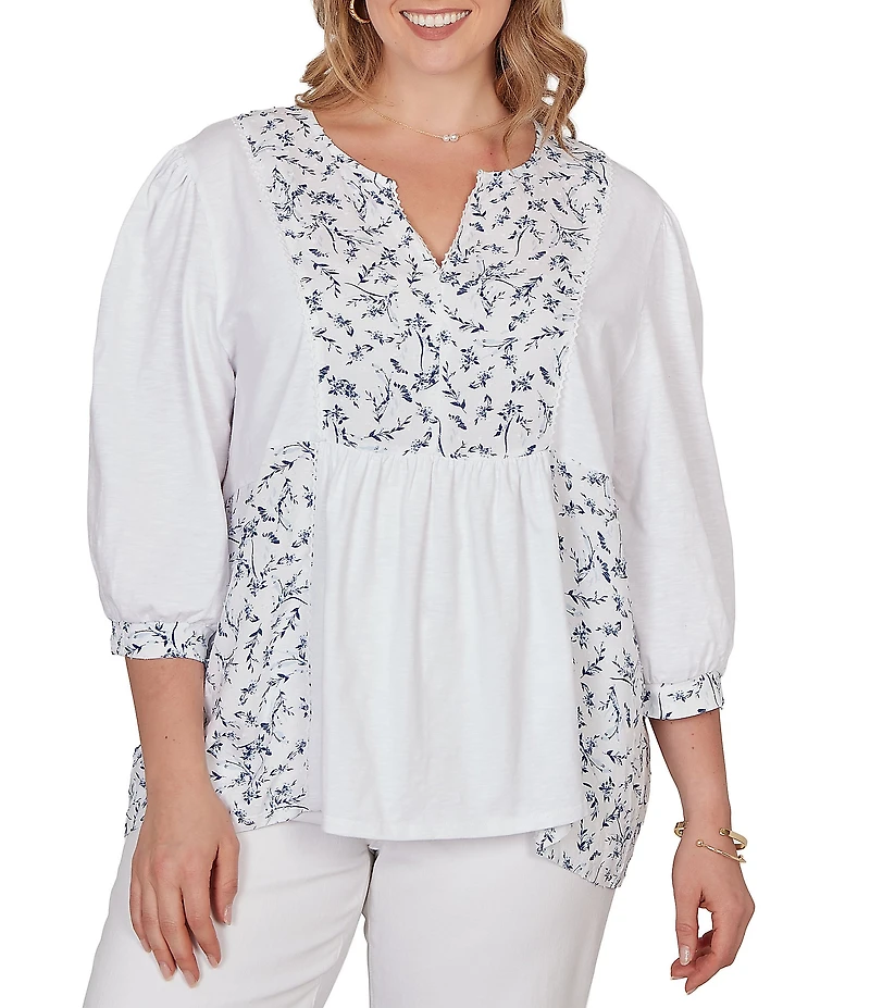 Ruby Rd. Plus Size Split V-Neck 3/4 Sleeve Sharkbite Hem Flowy Top