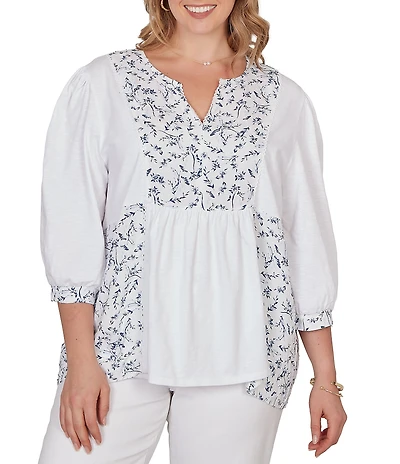 Ruby Rd. Plus Size Split V-Neck 3/4 Sleeve Sharkbite Hem Flowy Top