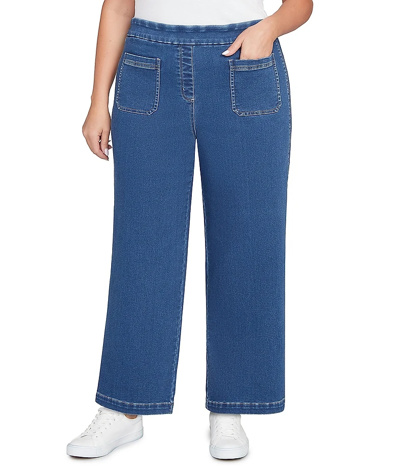 Ruby Rd. Plus Size Stretch Cotton-Blend Patch Pocket Wide Leg Pull-On Jeans