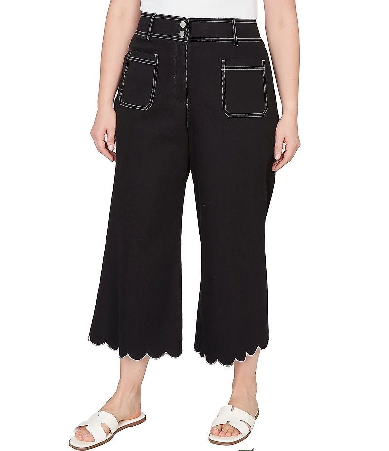 Ruby Rd. Plus Size Stretch Denim Patch Pocket Scalloped Hem Cropped Pants
