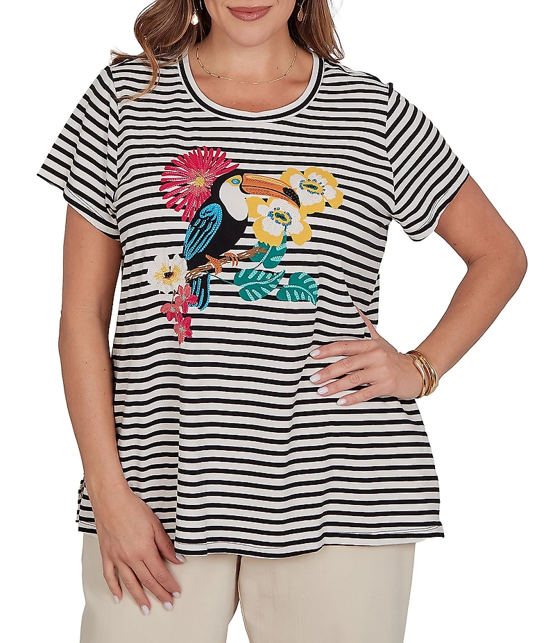 Ruby Rd. Plus Size Stretch Knit Stripe Toucan Heat-Set Embroidered Scoop Neck Short Sleeve Tee