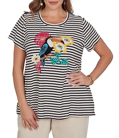 Ruby Rd. Plus Size Stretch Knit Stripe Toucan Heat-Set Embroidered Scoop Neck Short Sleeve Tee