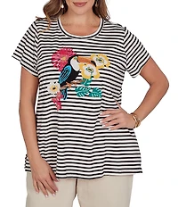 Ruby Rd. Plus Size Stretch Knit Stripe Toucan Heat-Set Embroidered Scoop Neck Short Sleeve Tee