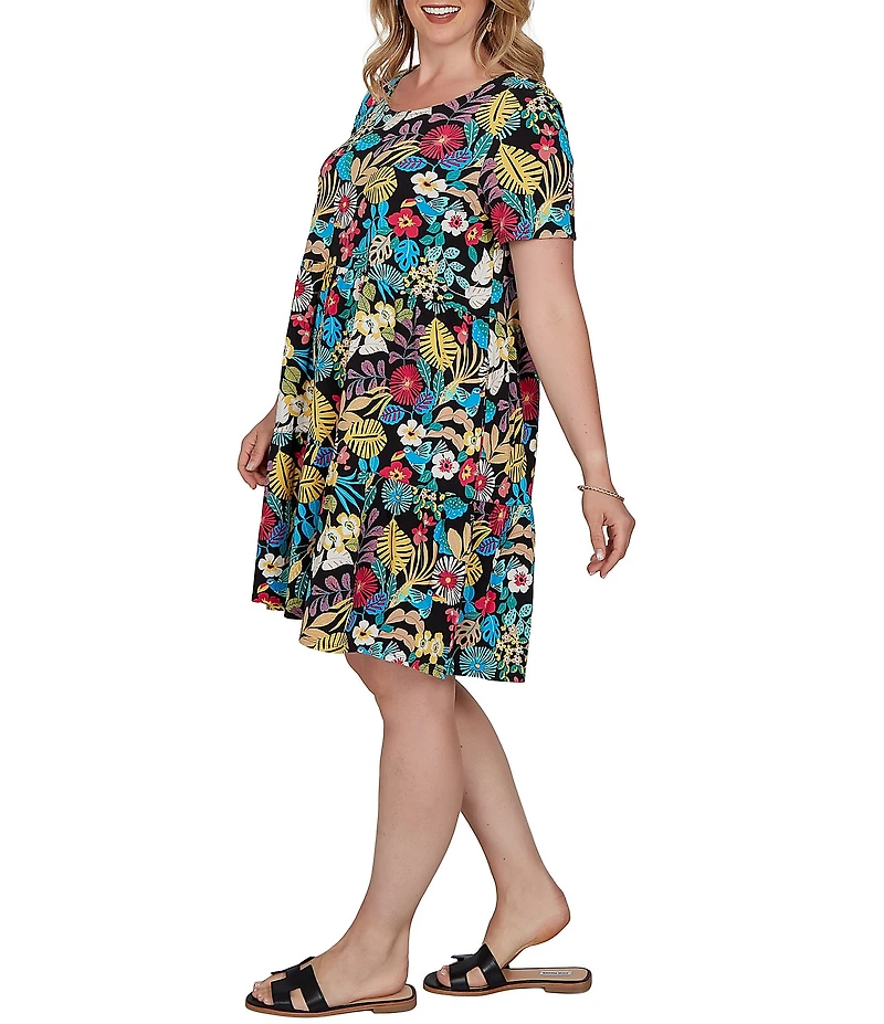 Ruby Rd. Plus Size Stretch Knit Vibrant Tropical Scoop Neck Short Sleeve Tiered Dress