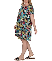 Ruby Rd. Plus Size Stretch Knit Vibrant Tropical Scoop Neck Short Sleeve Tiered Dress