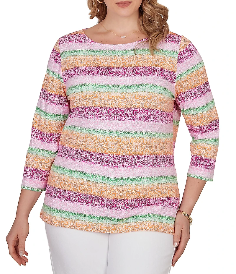 Ruby Rd. Plus Size Stripe Medallion Boat Neck 3/4 Sleeve Top