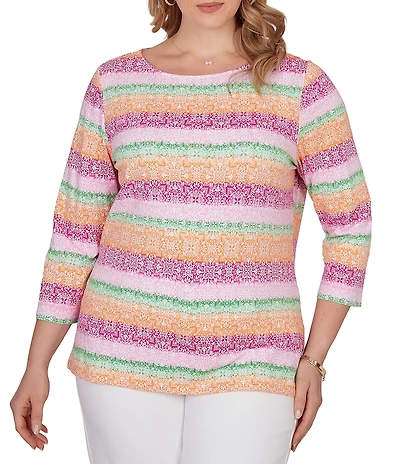 Ruby Rd. Plus Size Stripe Medallion Boat Neck 3/4 Sleeve Top