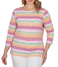 Ruby Rd. Plus Size Stripe Medallion Boat Neck 3/4 Sleeve Top