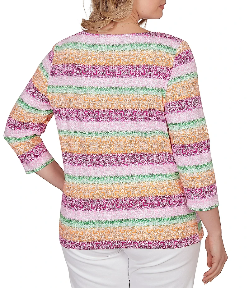 Ruby Rd. Plus Size Stripe Medallion Boat Neck 3/4 Sleeve Top