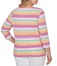 Ruby Rd. Plus Size Stripe Medallion Boat Neck 3/4 Sleeve Top