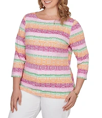 Ruby Rd. Plus Size Stripe Medallion Boat Neck 3/4 Sleeve Top