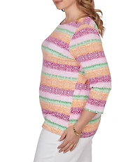 Ruby Rd. Plus Size Stripe Medallion Boat Neck 3/4 Sleeve Top