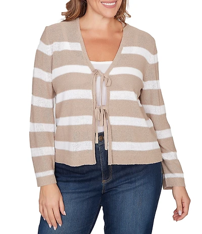 Ruby Rd. Plus Size Stripe V-Neck Long Sleeve Tie-Front Sweater