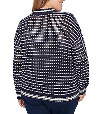 Ruby Rd. Plus Size Striped Ribbed Long Sleeve Mesh Zip-Up Sweater