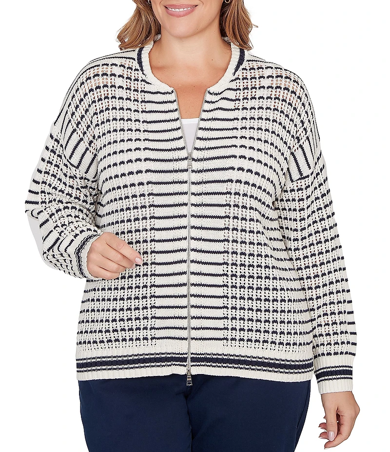 Ruby Rd. Plus Size Striped Ribbed Long Sleeve Mesh Zip-Up Sweater