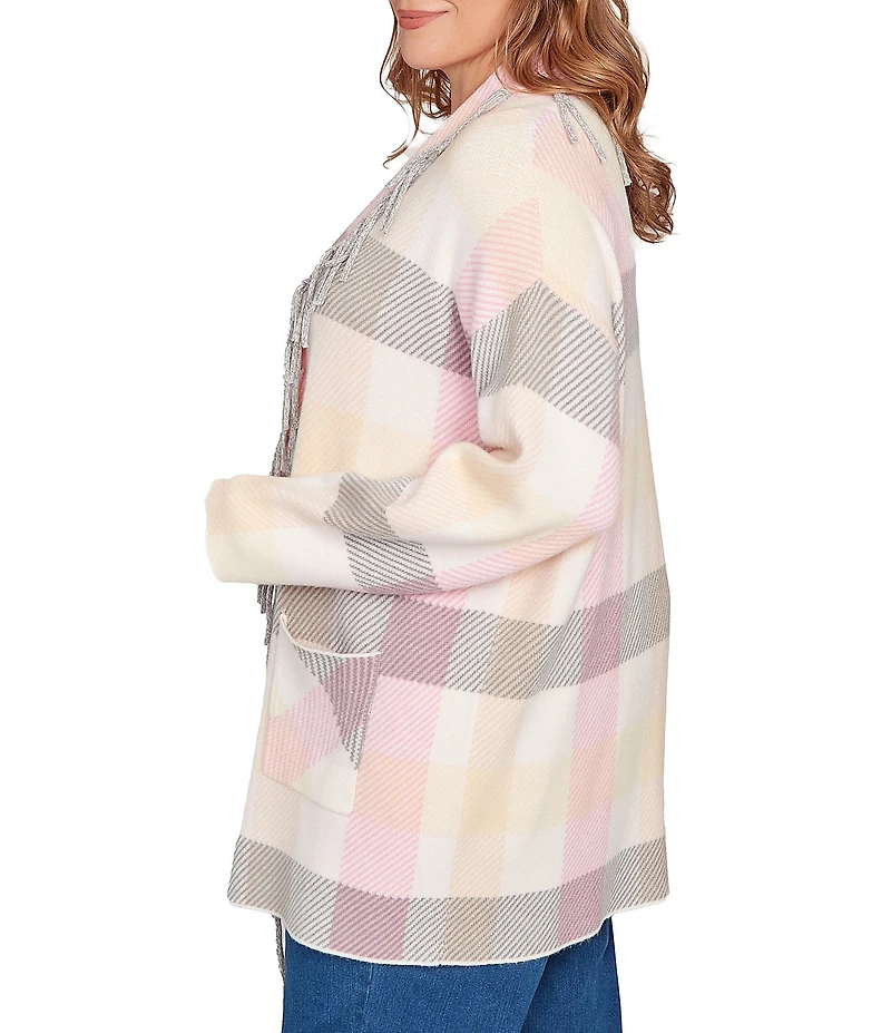 Ruby Rd. Plus Size Sweet Plaid Print Shawl Collar Fringe Open-Front Cozy Cardigan