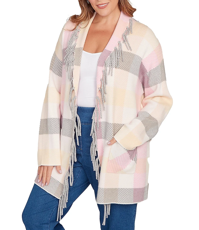 Ruby Rd. Plus Size Sweet Plaid Print Shawl Collar Fringe Open-Front Cozy Cardigan