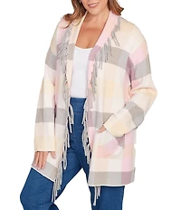 Ruby Rd. Plus Size Sweet Plaid Print Shawl Collar Fringe Open-Front Cozy Cardigan