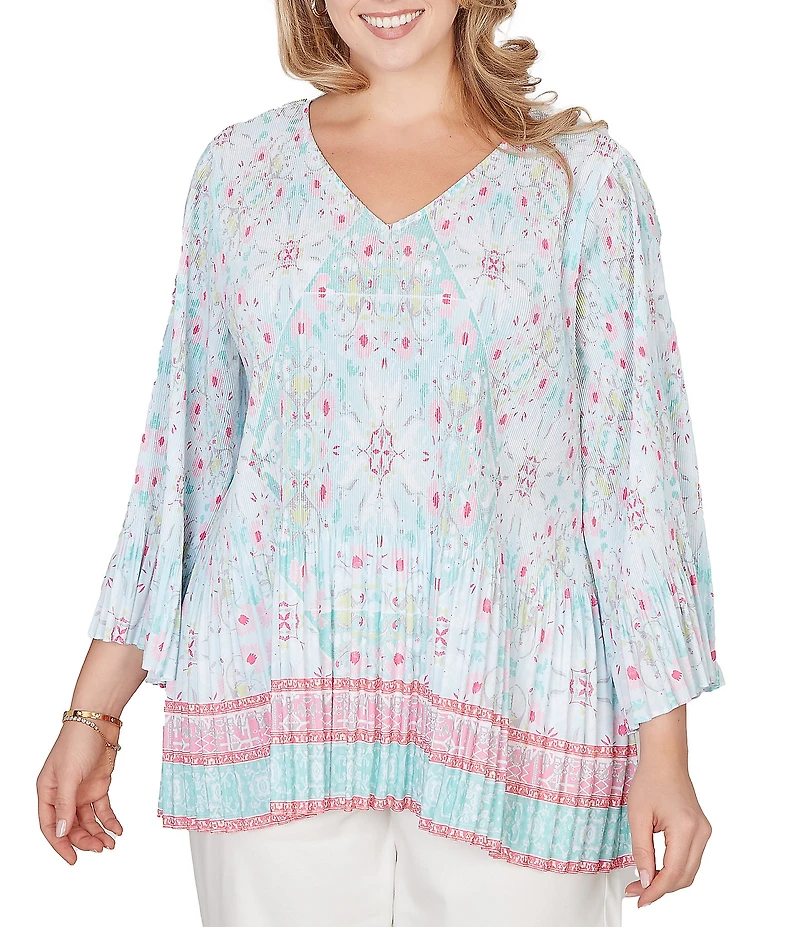 Ruby Rd. Plus Size Tapestry Border Print V-Neck 3/4 Sleeve Blouse