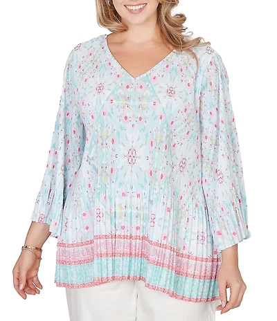 Ruby Rd. Plus Size Tapestry Border Print V-Neck 3/4 Sleeve Blouse