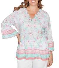 Ruby Rd. Plus Size Tapestry Print Scalloped V-Neck 3/4 Sleeve Top