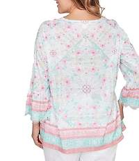 Ruby Rd. Plus Size Tapestry Print Scalloped V-Neck 3/4 Sleeve Top