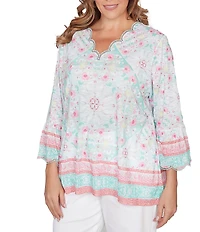 Ruby Rd. Plus Size Tapestry Print Scalloped V-Neck 3/4 Sleeve Top