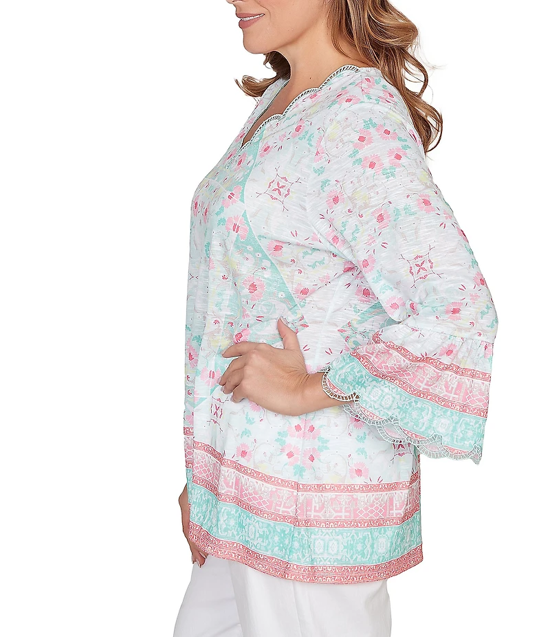 Ruby Rd. Plus Size Tapestry Print Scalloped V-Neck 3/4 Sleeve Top