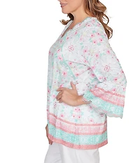 Ruby Rd. Plus Size Tapestry Print Scalloped V-Neck 3/4 Sleeve Top