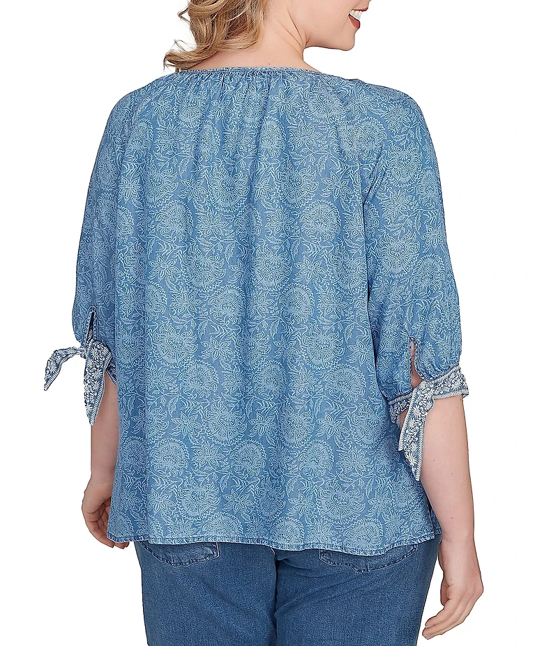Ruby Rd. Plus Size Tencel™ Embroidered Allover Printed Keyhole Neck Elbow Tie Sleeve Top