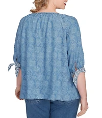 Ruby Rd. Plus Size Tencel™ Embroidered Allover Printed Keyhole Neck Elbow Tie Sleeve Top
