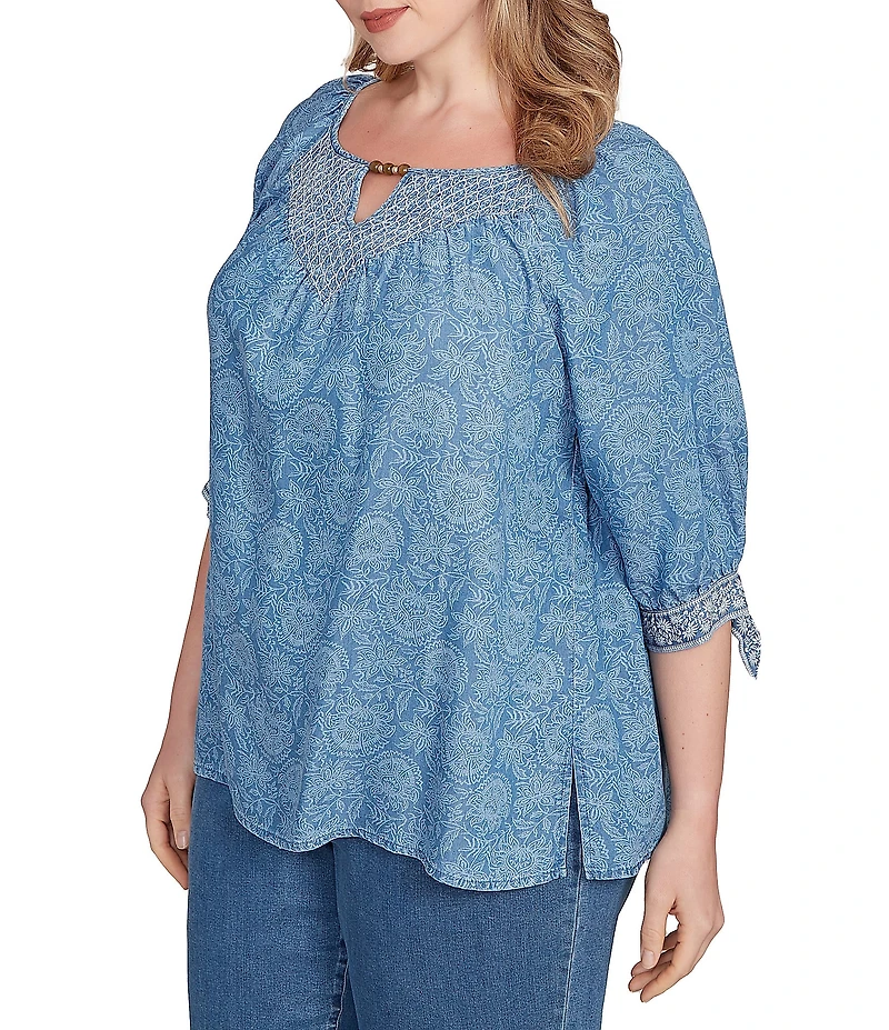 Ruby Rd. Plus Size Tencel™ Embroidered Allover Printed Keyhole Neck Elbow Tie Sleeve Top